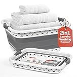 Klass Home Collection 58L Large Collapsible Laundry Baskets Plastic, Pop Up Foldable Washing Basket, Laundry Hamper For Sorting & Drying, Space Saving Folding Wash Bucket Tub (2-Handle, Grey)