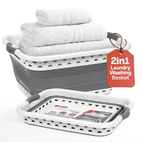 Klass Home Collection 58L Large Collapsible Laundry Baskets Plastic Pop Up Foldable Washing Basket Laundry Hamper For Sorting & Drying Space Saving Folding Wash Bucket Tub (2-Handle Grey)