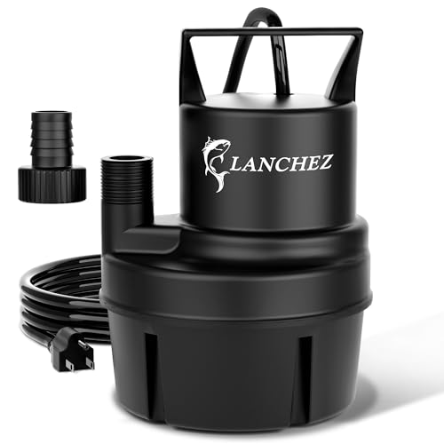 Lanchez Sump Pump, 1250 GPH Submersible Water Pump, 1/4 HP Portable Thermoplastic Low Suction Utility Pump With 25 Ft Cord for Swimming Pool, Basement, Garden Pond, Tubs Draining, Manual