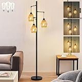 LuxeBeam Dimmable Floor Lamp with 8W LED Bulbs, Tall Black Pole Lamp with Natural Hemp Rope Shade, Elegant Teardrop Cage Design for Living Room & Bedroom - Energy-Efficient Lighting