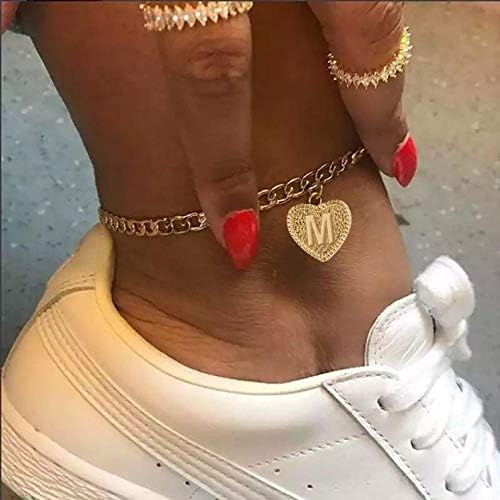 Dainty Heart Initial Anklet Bracelets for Women 14K Gold Plated Summer Letter Cuban Link Anklet with Initial Jewelry - Image 4