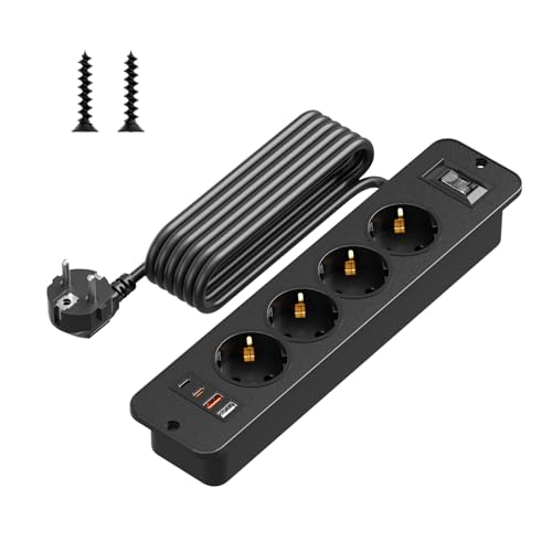 Einbausteckdose mit 4 USB(QC 3.0/PD 20W) 4 Fach Steckdosenleiste Überspannungsschutz mit Schalter Tischsteckdose 2M mit Verlängerungskabel für Küche Schreibtisch Konferenztisch