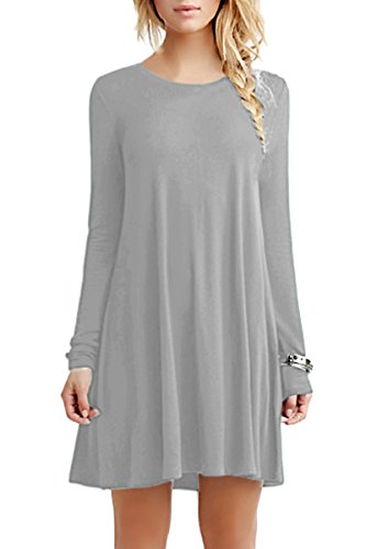Yming Frauen Frühling Herbst Kleid Casual Langarm Tunika Rundhals Basic Blusenkeid Hell Grau XL