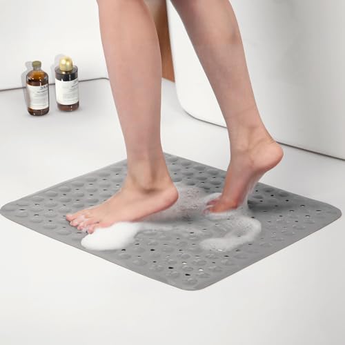 ASAB Rubber Non Slip Bath Mat 54 x 54cm Anti Mould Mildew Resistant Durable Shower Mat with Drain Holes Suction Cups Machine Washable Safe Comfortable Bathtub Mat for Elderly Children Grey (Small)