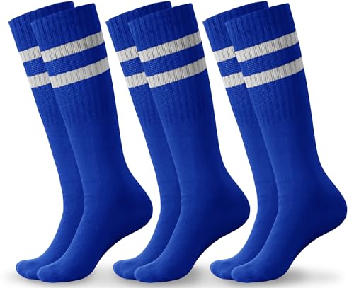 Haloumoning 3 Pairs Boys Soccer Athletic Socks Kids Striped Football Knee High Uniform Sports Tube Socks 4-15 Years
