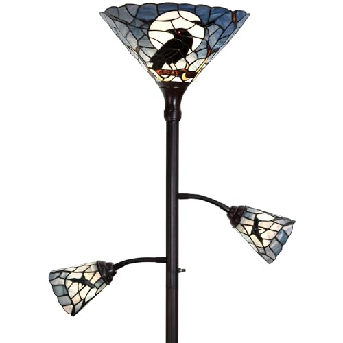 Bieye Lampadaire torche style Tiffany à 3 lumières avec lampes de lecture réglables pour salon, 178 cm de hauteur (bleu foncé, corbeau)