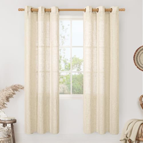 Image of LAMIT Sheer Linen Curtains 80 Inch Length for Living Room, Faux Linen Textured Light Filtering Neutral Bronze Grommet Window Treatment Drapes for Bedroom, 2 Panels, 34 x 80 Inch, Beige