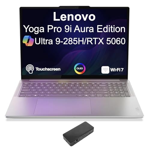 Image of Lenovo Yoga Pro 9i Aura Edition Creator Laptop 16.0 inch Touchscreen OLED 3.2K Display (Intel Ultra 9-285H, 32GB LPDDR5X, 1TB M.2 PCIe SSD, GeForce RTX 5060, Backlit KB, Win 11 Pro) w /USB-C Dock