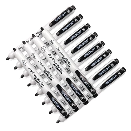 Image of WRITECH Retractable Dry Erase Markers: Fine Point Clickable Black Colored Ink Marker Low Odor Erasable Thin Tip Refillable Whiteboard Marker Pen Set 12ct No Bleed Smear