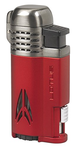 Lotus Defiant Cigar Lighter with Quad Pinpoint Torch Flames, Single Action Ignition, All Metal Housing, Retractable 10 mm Cigar Punch, Large Flame Adjuster (Red Matte & Dark Gunmetal)