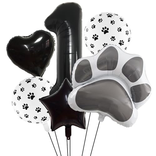 Image of 1st Birthday Dog Paw Balloons Set,18'' Paw Prints, Heart,Star,Paw Shaped Foil Balloon 40 Inch Black Number 1 Helium balloons for Puppy Themed Third Anniversary Birthday Party Decorations Supplies 6PCS