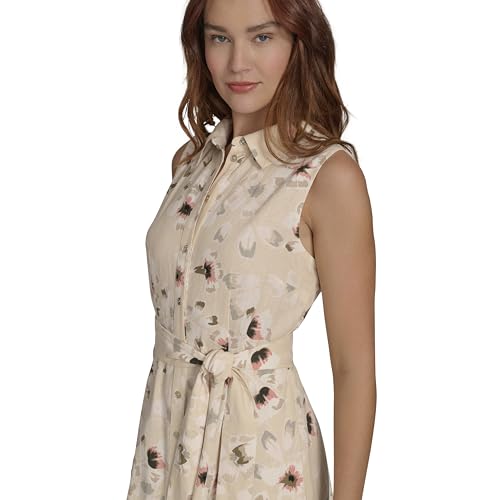 Image of Tommy Hilfiger Women's Sleeveless Collared Button Front Tie Waist Midi Shirt Dress