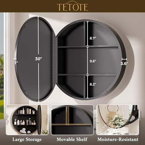 Image of TETOTE Bathroom Mirror Cabinet 30 x 30 Black Round Bathroom Medicine Cabinet with Mirror Adjustable Shelves Farmhouse Wall Mirror with Storage Surface Mounted