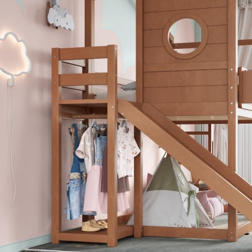 Image of Bellemave Bunk beds Twin Over Twin with Slide,Bookshelf and Wardrobe House roof Design, Low bunk /loft Bed for Kids, Natural
