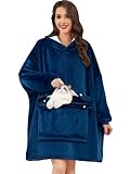 Gentlewarm Sherpa Lined Microfiber Fleece Wearable Blanket, Oversized Design with Hood and Side Pocket Toasty Hoodie with Dog Pouch