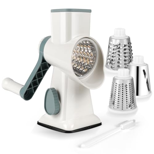 Gaethra Grattugia per formaggio con manovella, 3 lame intercambiabili in acciaio inox, grattugia manuale, affettatrice per verdure, ideale per cetrioli, formaggio noci, carote, ecc
