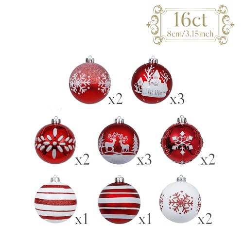 Valery Madelyn 16 ct 80 mm Weihnachtskugel-Ornamente, traditionell, rot und weiß, groß, Weihnachtsbaumschmuck für Weihnachtsdekoration… – Ansicht 3
