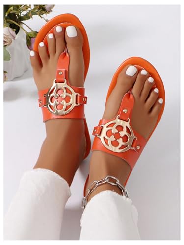 GORGLITTER Women's Leather Thong Sandals 2025 Dressy Metal Open Toe Flat Flip Flops Casual Beach Vacation Shoes4