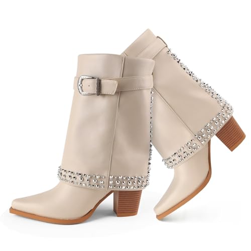 NEITIVET Women's Folding Mid Calf Boots Chunky Heel Pointed Toe Rivet Women's Boots(9)