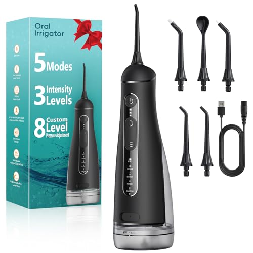 Munddusche Kabellos, Munddusche Testsieger 2026, 5 Modi 20 Wasserdruck & 3 Intensitäten 5 Düsen, 300ML Wassertank Mund Reiniger Wasser Zähne Flosser IPX7 Wasserdicht Water Flosser für Zuhause Reisen