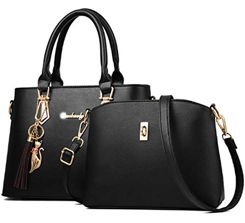 Women Handbag Crossbody Bag Satchel Tote bags PU Leather Shoulder Bags Adjustable Shoulder Bag Strap 2 Pcs Set-Black
