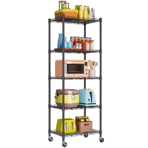 Image of REGILLER 5-Wire Shelving Metal Storage Rack Adjustable Shelves,Standing Storage Shelf Units for Laundry Bathroom Kitchen Pantry Closet(Black,11.8 inch D x 16.6 inch W x 53.5 inch H,With Wheels)