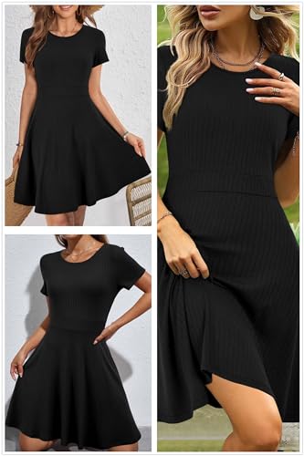 Image of Newshows Womens 2025 Summer Dresses Short Sleeve Ribbed Knit A-Line Swing Beach Vacation Outfits Casual Sundress with Pockets