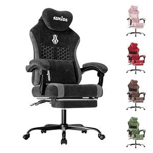 SUKIDA Gaming Stuhl, Ergonomischer Schreibtischstuhl mit Fußstütze Kopfstütze und Lendenkissen, Schreibtischstuhl mit Stoffoberfläche Hochwertiger - Stoff, Schwarz