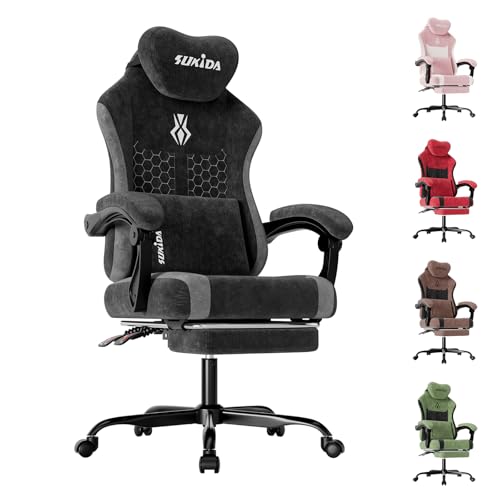 SUKIDA Gaming Stuhl, Ergonomischer Schreibtischstuhl mit Fußstütze Kopfstütze und Lendenkissen, Schreibtischstuhl mit Stoffoberfläche Hochwertiger – Stoff, Schwarz