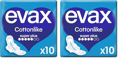 Evax Cottonlike Compresas con Alas, Super Plus, 10 Unidades, 100% Limpia y 0% Olor (Paquete de 2)