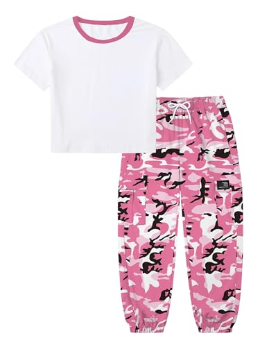 Image of Betusline Girls 2 Piece Summer Outfits,Kids Casual Short Sleeve Crop Top & Cargo Jogger Pants Sets,4T-14Y