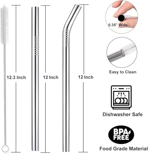 Image of 12 inch Stainless Steel Straws Replacement for Stanley Adventure Quencher 40 oz 30 oz Cup Tumbler, 4 Pack Metal Straws Reusable with Cleaning Brush for Stanley 40 oz & Simple Modern Tumbler with Handle