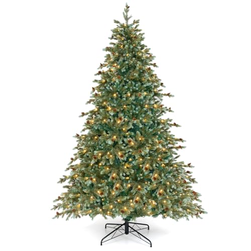 Goplus 7ft Pre-Lit Artificial Christmas Tree, Hinged Full Xmas Pine Tree with 340 Warm White LED Lights, 8 Modes, 846 PVC & PE Branch Tips, Pine Cones, Metal Stand, Seasonal Home Office Decoration