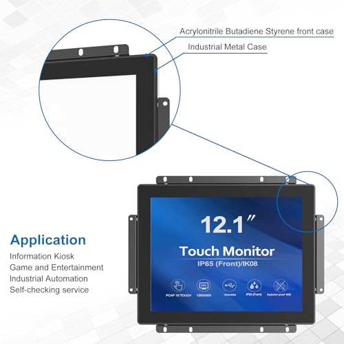 Image of GreenTouch 12.1 Inch 1000 Nits High Brightness Display Capacitive Touchscreen Open Frame LCD Touch Screen Monitor - Front IP65 and IK08-1024 x 768 - Black