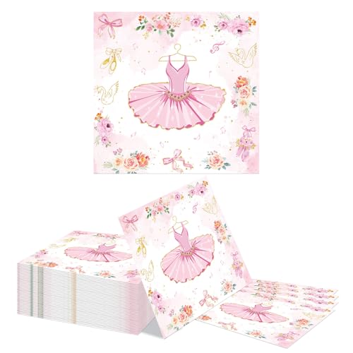 Kotkiddy 40 Serviettes Ballerina Roses Ballett Tutu Anniversaire Filles Fête de Danse Baby Shower Mariage Serviettes en Papier 33 cm Décoration de Table Rose...
