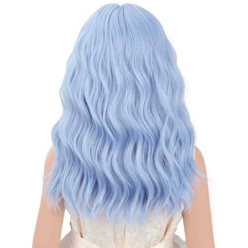 Image of Blue Wig Short Blue Wavy Curly Wigs Wig with Air Bangs Synthetic Cosplay Hair Wigs