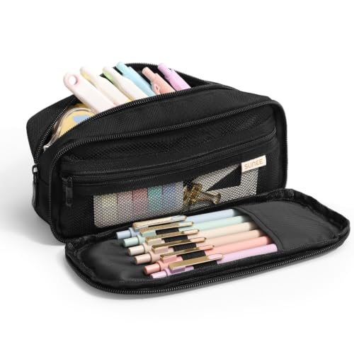 SUNEE Pencil Case, Large Capacity Pencil Pouch, Extra Big Pencil Bag with 6 Compartments, Durable Canvas Pencil Box for Office Stationery Organizer, Back to School Supplies for Teen Boys Girls, Black