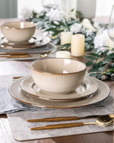 Image of GBHOME Ceramic Dinnerware Sets, 24 pcs Embossed Elegant Stoneware Plates and Bowls Sets, Housewarming Wedding Gift | Dishwasher & Microwave Safe | Dishes Set Service for 8