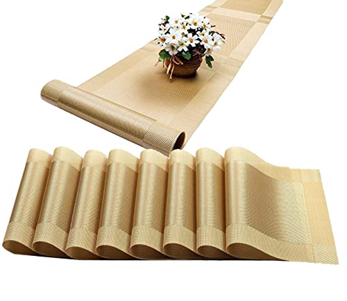 Image of Table Runner and Placemats Set of 8 - PVC Table Mats - PlaceMats for Dining Table - PVC Table Mats - Kitchen mats (8-Piece Placemat, 1-Piece Runner, Gold)