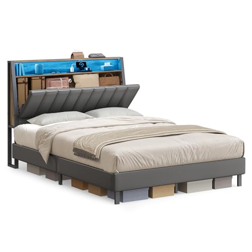 VASAGLE LED Bed Frame Full Size, Storage Headboard and Charging Station, Full Bed Frame with 2 AC Outlets, 1 USB Port, 1 Type-C Port, No Box Spring Needed, Dove Gray and Camel Brown URMB842G
