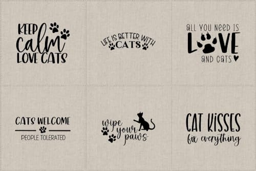 Image of Cotton Rich Linen Look Fabric Cat Keep Calm Love Cats Kitten Upholstery Panel (Sold Per Panel of 6)