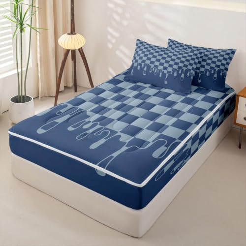 Image of Gingham Navy Blue Checkered Zipper Bedding Full SizeCheckerboard Drip Zip Up Bedding Set for Teens Adults,Y2K Aesthetic Trendy Modern Geometric Bed in a Bag Grid Plaid Comforter with Fitted Sheet