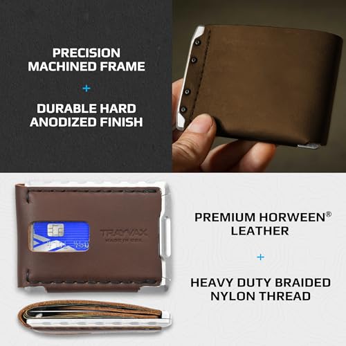 Image of Trayvax Venture Billfold Wallet, Front Pocket Money and Credit Card Holder, Minimalist Slim Leather Metal Wallet for Men and Women, Riveter Brown, Billfold