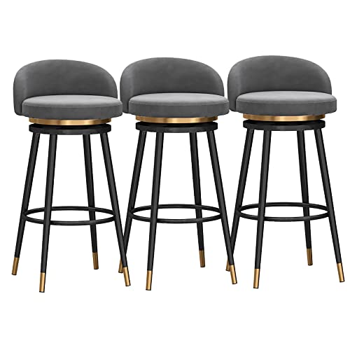 KOMFGT Juego de 2 taburetes de bar giratorios con respaldo de altura de mostrador, taburetes de bar de desayuno de cocina de granja, giro de 360°, asiento tapizado de terciopelo, patas de metal negro
