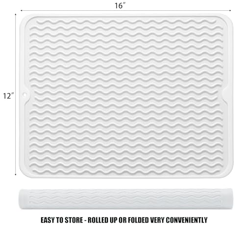 Image of Silicone Dish Drying Mat for Multiple Usage, Easy clean, Eco-friendly, Heat-resistant Dish Drainer Mat for Kitchen Counter,Sink,Refrigerator or Drawer liner (16 inch x 12 inch, White)