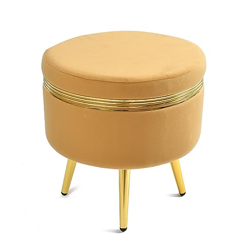 Image of NACIA Ottoman Pouffe Stool for Living Room Sitting, Beige (16x16x17 inch) - Round Footstool /Foot Rest with 4 Wooden & Golden Metal Legs for Dressing Table, Home Decor, Balcony, Bedroom