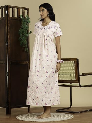 Image of 9shines Label Stylish Chikankari Cotton Nighty Maxi for Women | Full Length Nightgown | Nightdress with Pocket | Embroidery Nighty | Soft Comfortable Cotton Nightwear (1545)