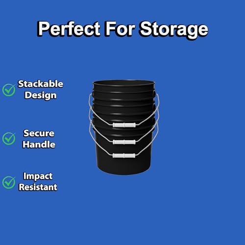 Image of MKS Plastics 1-Gallon Bucket with Airtight Lid - Made in USA, Food Grade BPA Free Plastic, Heavy Duty Multi-Use, Metal Handle with Grip, Stackable Storage - Black, 6 Pack