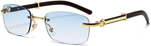 Gafas de sol rectangulares con montura de madera vintage sin montura para hombres y mujeres, lentes de sol rectangulares con marco dorado vintage de