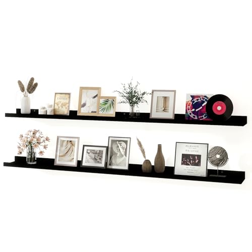 Image of Black Floating Shelves for Wall Decor, 56 in Shelf with Lip Set of 2 | 4.5 inch Deep Display Picture Ledge Shelf, Long Wall Mounted Storage Shelves for Bedroom, Bathroom, Living Room, Kitchen, Nursery